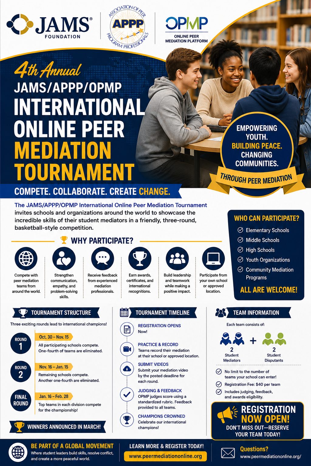 4th Annual JAMS/APPP/OPMP International Online Peer Mediation Tournament Flyer
